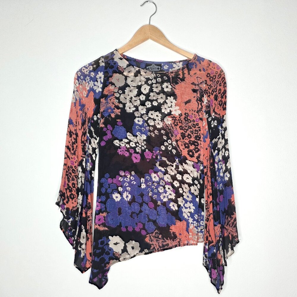 Angie Boho Mixed Floral Bell Sleeve Blouse Asymmetric Hem Sheer Mesh Top